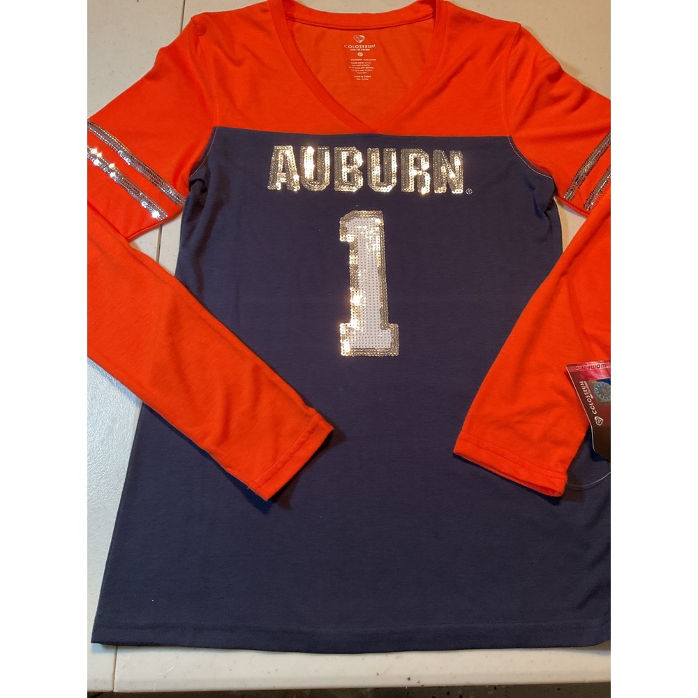 Colosseum Auburn Tigers Womens Sequin Long Sleeve V-Neck Shirt Orange Navy
